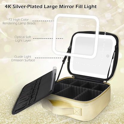 MOMIRA Makeup Bag with Mirror and Light Travel Makeup Train Case Cosmetic Bag Organizer Portable Artist Storage Bag with Adjustable Dividers Makeup Brushes Storage Organizer Golden