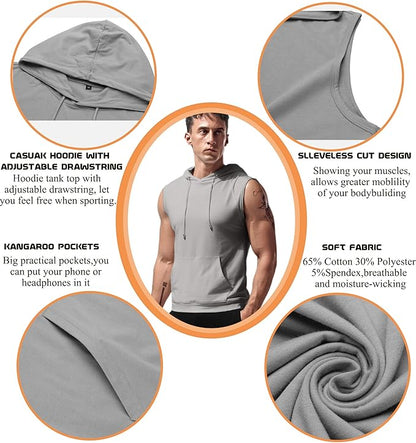 Babioboa Men's Workout Hooded Tank Tops Sleeveless Gym Hoodies Bodybuilding Muscle Cut Off T-Shirts