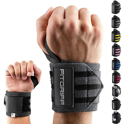 Fitgriff® Wrist Wraps for Weightlifting (18") Heavy-Duty Support for Gym, Bench Press, and Pushups (1 Pair) - for Men and Women (Grey/Black)