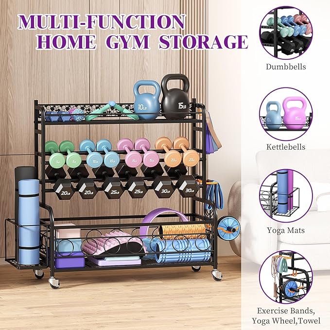 Dumbbell Rack, VOPEAK Weight Rack for Home Gym, Home Gym Storage Rack for Yoga Mat Kettlebells and Strength Training Equipment, Weight Storage Rack for Dumbbells with Wheels