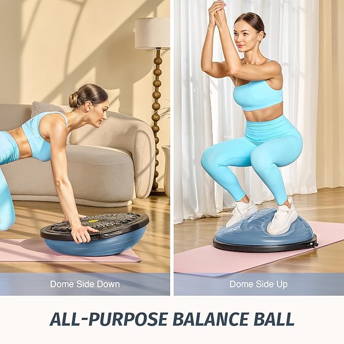 ZELUS 25in. Balance Ball | 660lb Inflatable Half Exercise Ball Wobble Board Balance Trainer w Nonslip Base | Half Yoga Ball Strength Training Equipment w 2 Bands, Pump, Extra Ball Included