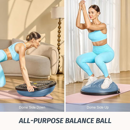 ZELUS 25in. Balance Ball | 660lb Inflatable Half Exercise Ball Wobble Board Balance Trainer w Nonslip Base | Half Yoga Ball Strength Training Equipment w 2 Bands, Pump, Extra Ball Included