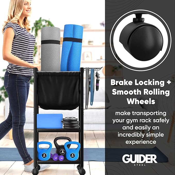 Multifunctional Home Gym Storage Rack - Metal Exercise Equipment Storage w/Wooden Shelf, Hooks & Black Yoga Mat Home Gym Organizer Basket - 88LBS Max Cap Weight Rack for Dumbbells & More