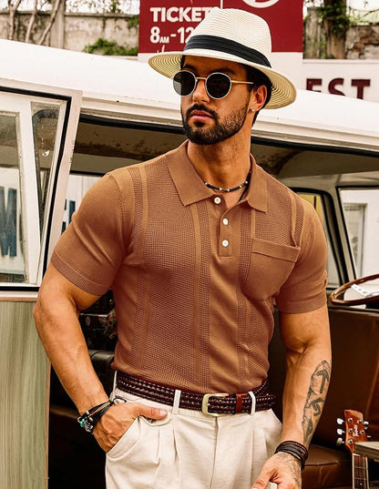 GRACE KARIN Mens Knit Polo Shirts Short Sleeve Knitted Texture Lightweight Waffle Golf Shirts Sweater