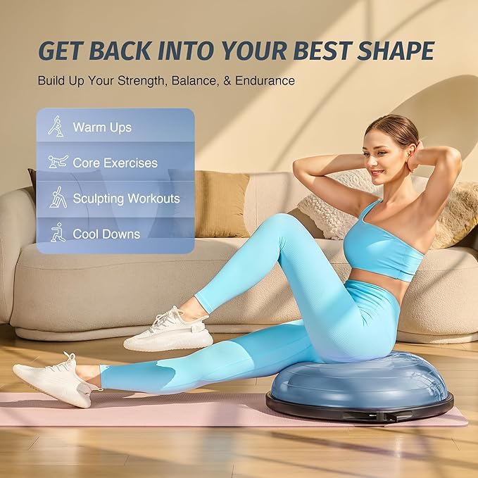 ZELUS 25in. Balance Ball | 660lb Inflatable Half Exercise Ball Wobble Board Balance Trainer w Nonslip Base | Half Yoga Ball Strength Training Equipment w 2 Bands, Pump, Extra Ball Included