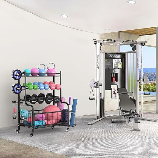 Dumbbell Rack Home Gym Weight Rack for Dumbbells, Kettlebells, Foam Rollers, Yoga Mats and Resistance Bands, Workout Gear Organizer With Wheels