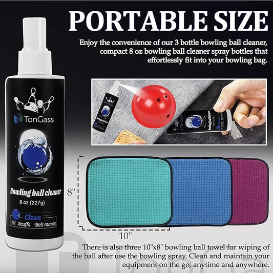 TonGass (3+3 Pack Bowling Ball Cleaner Spray Kit with Bowling Towel (Multicolor) Portable Bowling Cleaner Set Bowling Accessories Oil Scuff Mark Cleaner Restores Tack and Prolongs Lifespan of Ball