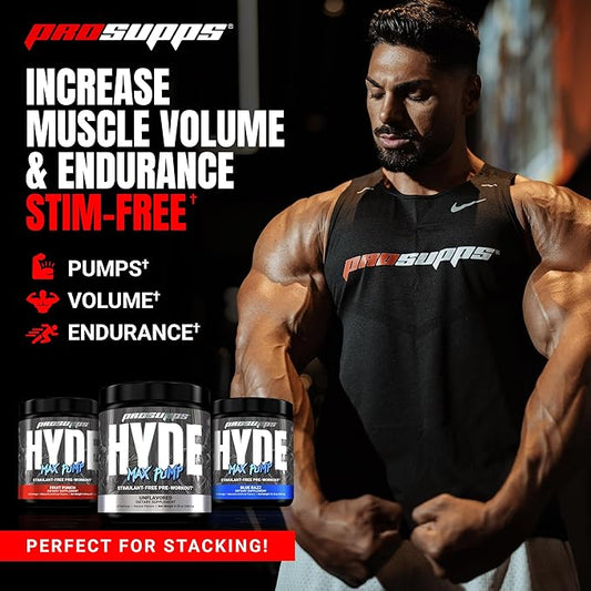 PROSUPPS Mr. Hyde Max Pump Pre Workout Powder - Stim-Free Preworkout Supports Blood Flow, Muscle Volume & Endurance - Caffeine-Free Nitric Oxide Gym & Fitness Supplements (Blue Razz, 20 Servings)