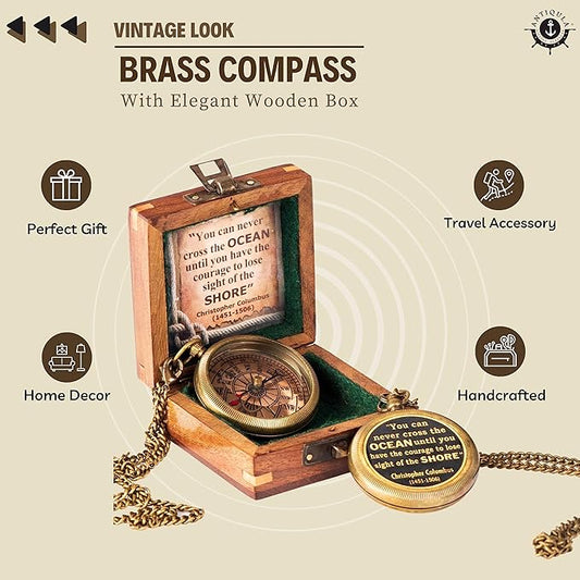 Brass Compass with Wooden Box - Graduation Gifts