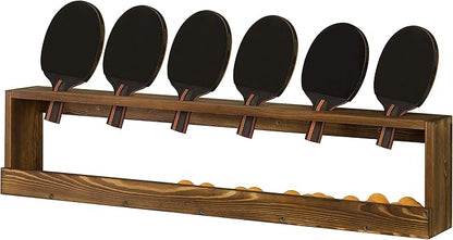 MyGift Wall Mounted Ping Pong Paddle Holder, Burnt Wood Table Tennis Racket Display Rack with Ball Storage Shelf