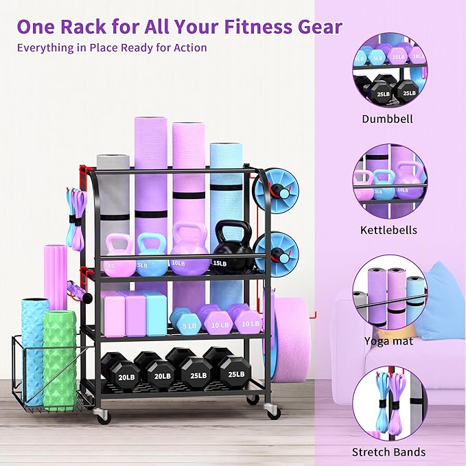 Dumbbell Rack, Weight Rack for Home Gym, 400LBS Metal Home Gym Storage with Lockable Wheels & 4 Adjustable Hooks, Weight Stand for Yoga Mat Storage, Dumbbells, Kettlebell, Foam Roller, Resistance Bands (Black)