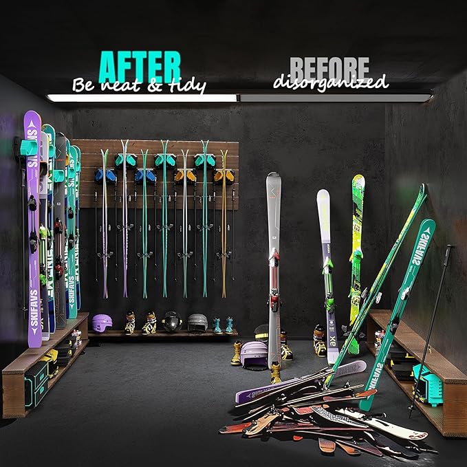 Ski & Snowboard Wall Rack for Garage Wall Fits Any Ski/board, Ski Wall Mount Holders Damage-Free Storage Rack, Garage Organization Space-Saving Winter Gear Organizer, Green, 1 Pack