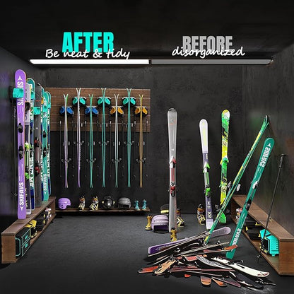 Ski & Snowboard Wall Rack for Garage Wall Fits Any Ski/board, Ski Wall Mount Holders Damage-Free Storage Rack, Garage Organization Space-Saving Winter Gear Organizer, Green, 1 Pack