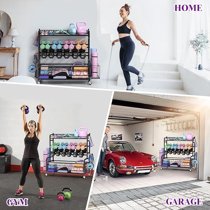 Dumbbell Rack, VOPEAK Weight Rack for Home Gym, Home Gym Storage Rack for Yoga Mat Kettlebells and Strength Training Equipment, Weight Storage Rack for Dumbbells with Wheels