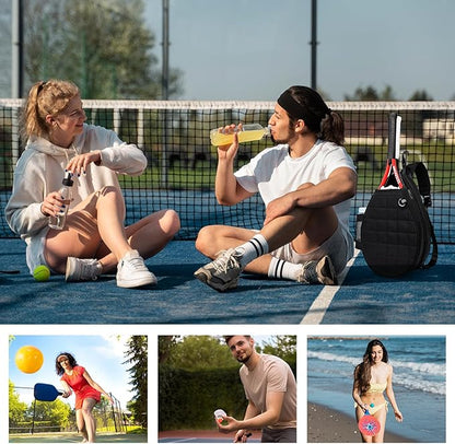 Tennis Bag, Tennis Backpack Holds 2 Rackets, Quilted Crossbody Sling Bag, Waterproof Pickleball Bags with Safety Pocket for Women and Men
