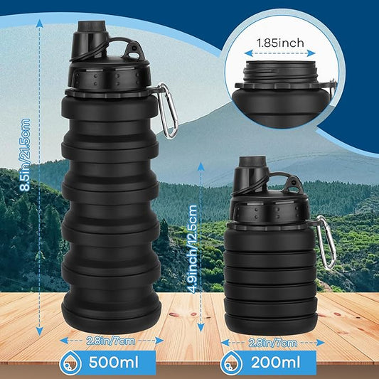 Collapsible Water Bottles 17oz, Reuseable BPA Free Silicone Foldable Water Bottle With Carabiner, Lightweight Leakproof Travel Water Bottle for Gym, Traveling, Camping, Hiking, Sports-Blue