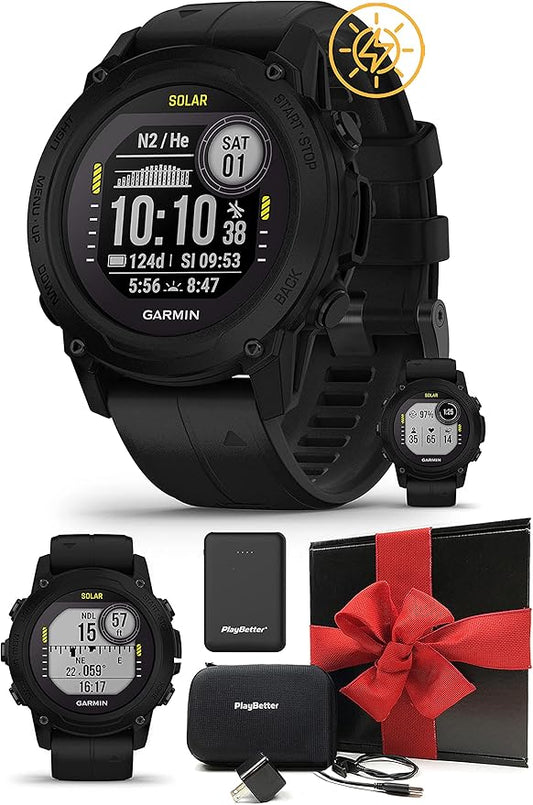 PlayBetter Garmin Descent G1 Solar (Black) Dive Computer Watch Gift Box Bundle - GPS Diving Watch with Compass & Depth Sensor, Surface & Exit - Includes Portable Charger, Wall Adapter & Hard Case