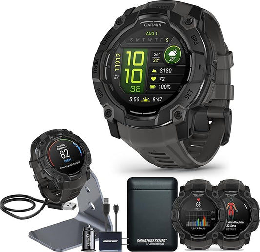 Garmin Instinct 3 Advanced GPS Adventure Watch, Black with Charcoal Band | 50mm AMOLED Display | Wrist Based Heart Rate Monitor, Up to 16 Days of Battery Life with Signature Stand Power Bundle