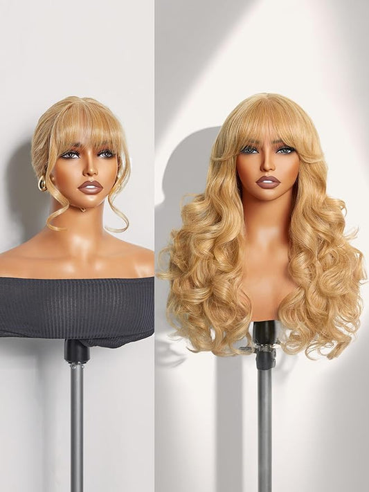 GORGIUS Glueless Wavy Wig with Bangs Honey Blonde Synthetic Curtain Bang Wig with Realistic Scalp 22 Inch