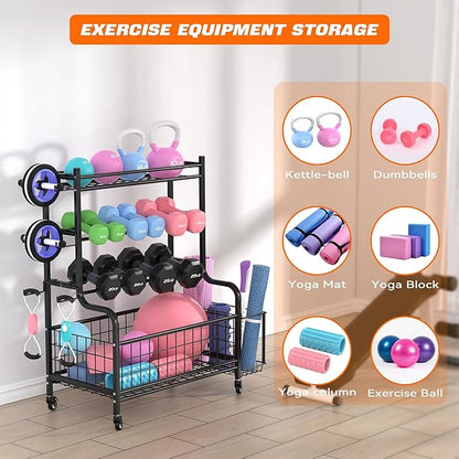 Dumbbell Rack Home Gym Weight Rack for Dumbbells, Kettlebells, Foam Rollers, Yoga Mats and Resistance Bands, Workout Gear Organizer With Wheels
