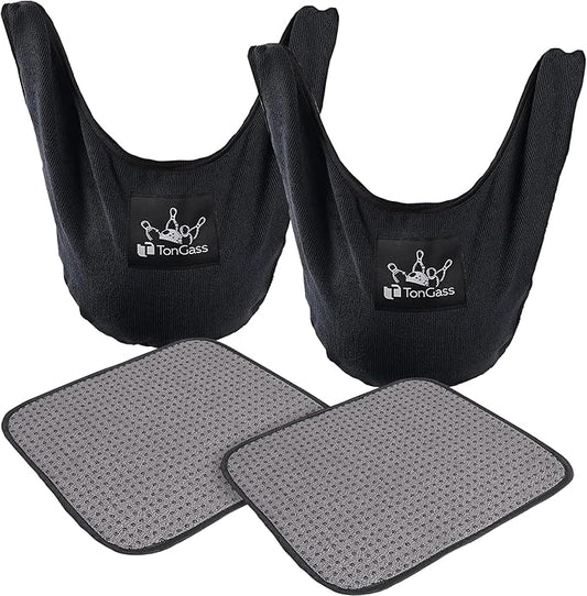 TonGass (2+2 Pack 10"x8" Microfiber Bowling Ball Towel Shammy Pad with Easy-Grip Dots, Bowling Seesaw Bag for Storage Balls, Bowlings Polisher Bag Machine Washable & Non-Slip