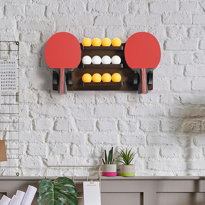 ikkle Ping Pong Paddle Holder Wall Mounted Table Tennis Racket Display for 6 Paddles and 12 Balls Storage, Ping Pong Accessories Organizer in Game Room, Man Cave, Bar Room, Garage, Office, Home