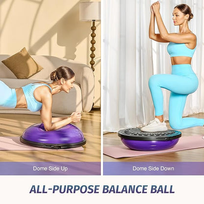 ZELUS 25in. Balance Ball | 660lb Inflatable Half Exercise Ball Wobble Board Balance Trainer w Nonslip Base | Half Yoga Ball Strength Training Equipment w 2 Bands, Pump, Extra Ball Included