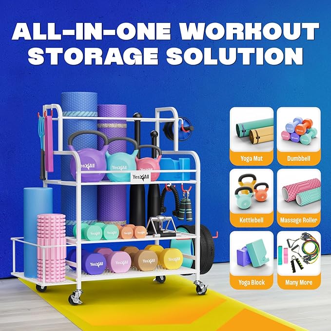 Yes4All Dumbbell Rack, Weight Rack for Home Gym, Sports Equipment Organizer for Dumbbells Kettlebells Yoga Mat Foam Roller and Balls, All in One Gym Workout Storage with Wheels and Hooks