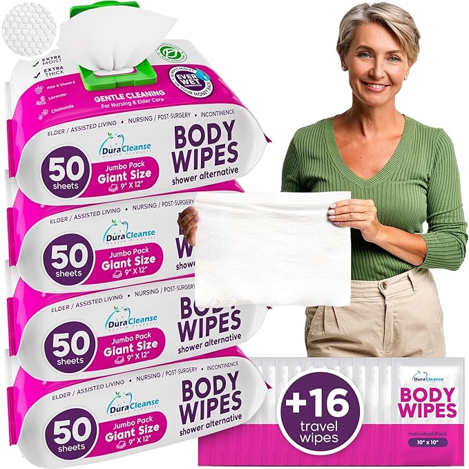 XL Bath Wipes for Adults Bathing No Rinse (4pk) - 200 Count + 8 16ravel Wipes - 9"x12" Disposable Washcloths for Adults - Surgery Recovery Supplies, Elderly Incontinence & Health Care Products