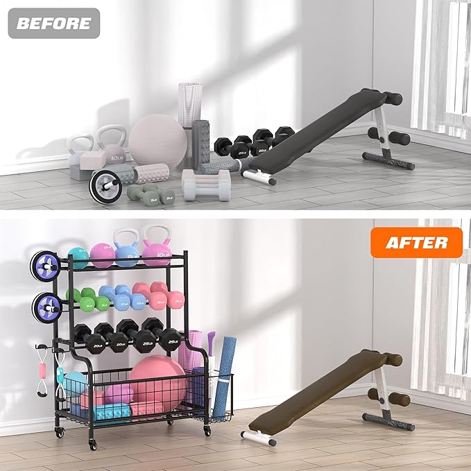 Dumbbell Rack Home Gym Weight Rack for Dumbbells, Kettlebells, Foam Rollers, Yoga Mats and Resistance Bands, Workout Gear Organizer With Wheels