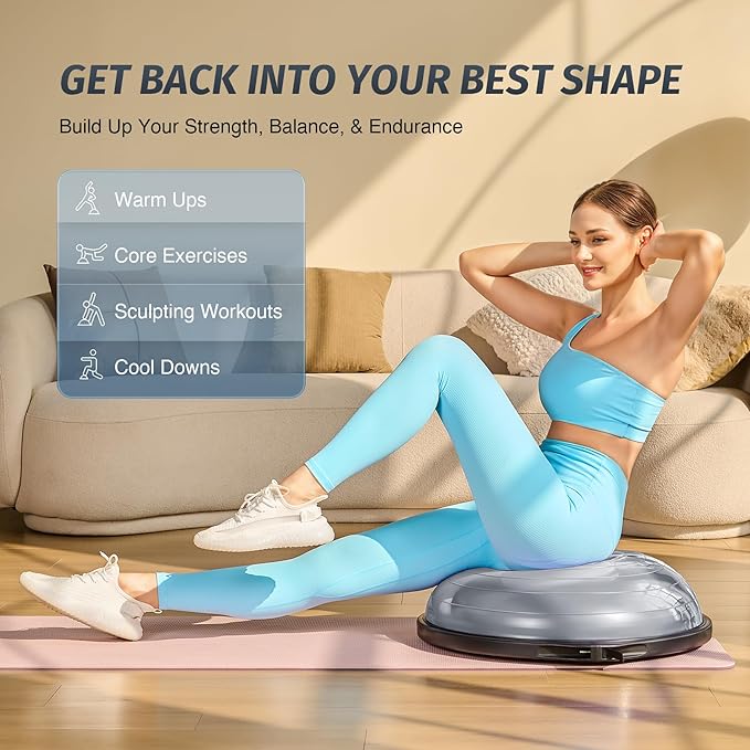 ZELUS 25in. Balance Ball | 660lb Inflatable Half Exercise Ball Wobble Board Balance Trainer w Nonslip Base | Half Yoga Ball Strength Training Equipment w 2 Bands, Pump, Extra Ball Included