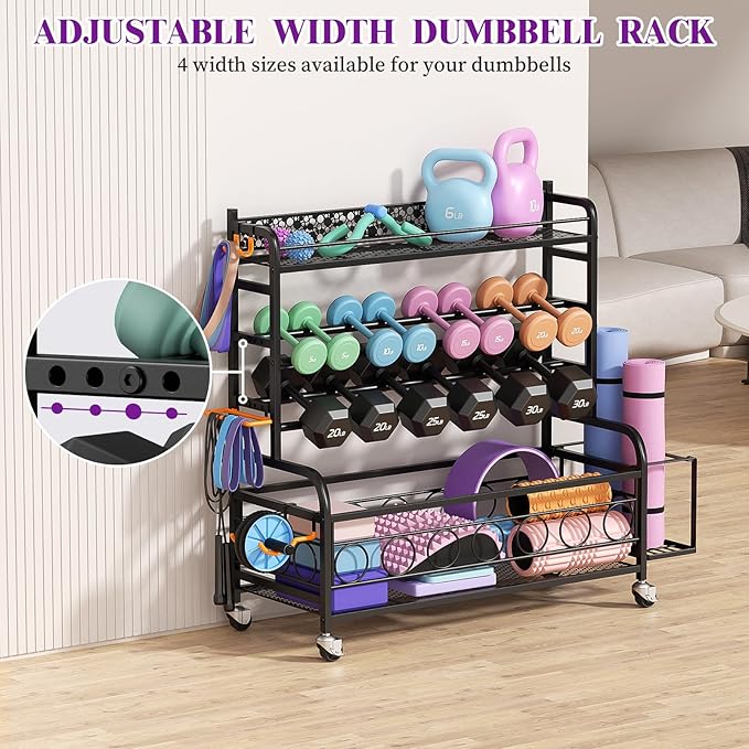 Dumbbell Rack, VOPEAK Weight Rack for Home Gym, Home Gym Storage Rack for Yoga Mat Kettlebells and Strength Training Equipment, Weight Storage Rack for Dumbbells with Wheels