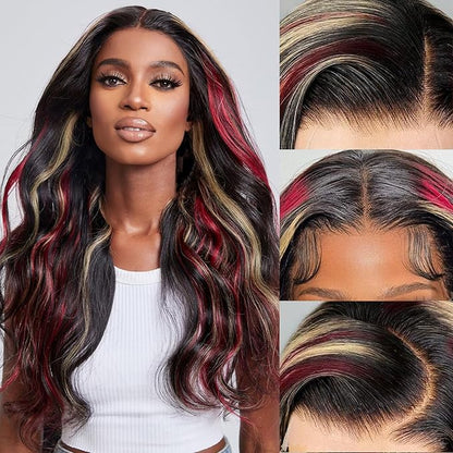 FABA Skunk Stripe Wigs Black Red Blonde Highlights Wig Human Hair 32 inch 13x4 HD Lace Front Human Hair 180% Density Black and Red Wig Highlight Body Wave Pre Plucked with Baby Hair