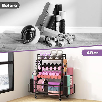 Dumbbell Rack, Home Gym Storage, Gym Storage Rack with Hooks and Wheels,Gym Equipment Storage,Weight Rack for Dumbbells for Organizing Yoga Mats, Kettlebells,Dumbbells, Foam Rollers and ball