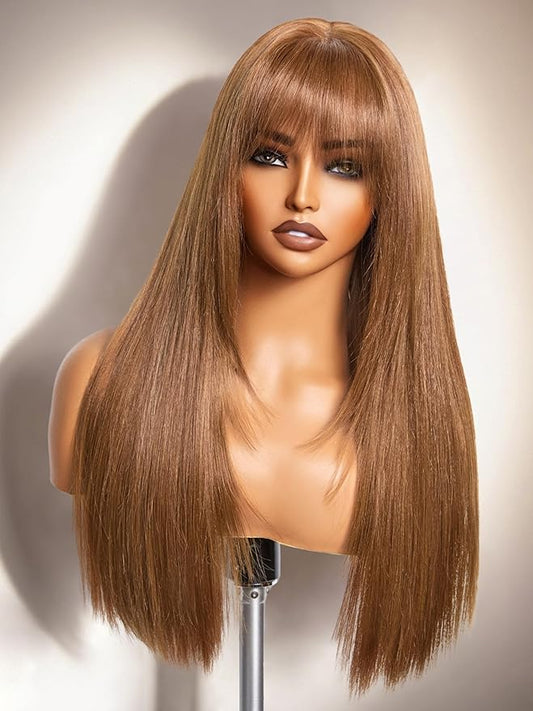 GORGIUS Straight Glueless Wig with Bangs Honey Brown Layered Hair Ready-to-Go Synthetic Bang Wigs with Realistic Scalp 24 Inch