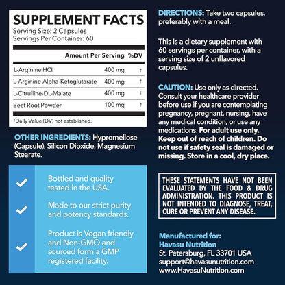 L-Arginine Capsules with L-Citrulline - Nitric Oxide Supplement - L Arginine and L Citrulline Blend - 120 Count - Vegan, Non-GMO Capsules for Performance, Endurance and Muscle Support - 2 Month Supply