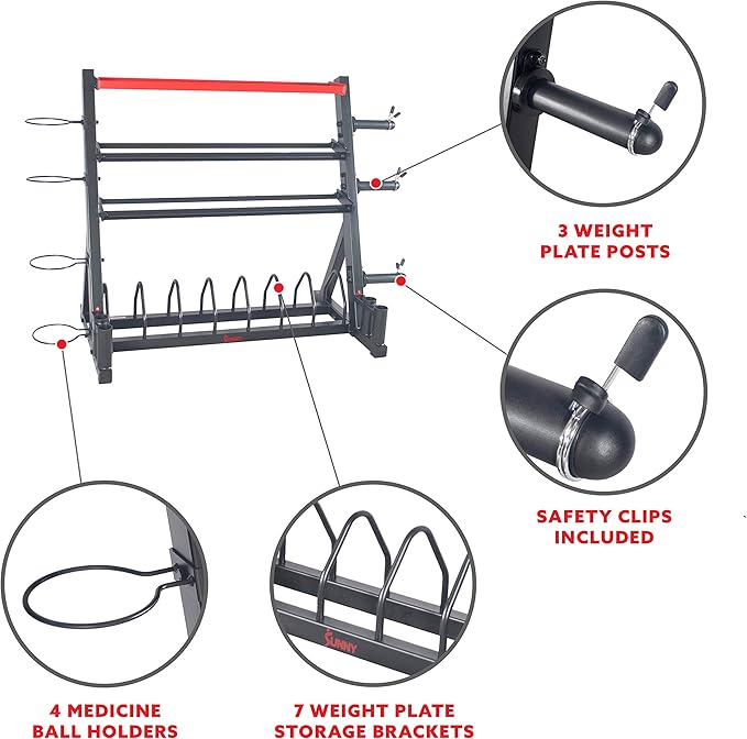 Sunny Health & Fitness Multi-Weight Storage Rack Stand for Dumbbells, Kettlebells, Olympic Weight Plates, Barbell, Medicine Ball