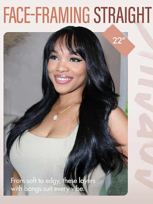 GORGIUS Glueless Wig with Bangs Natural Black Straight Layered Hair Ready-to-Go Synthetic Bang Wigs with Realistic Scalp 24 Inch