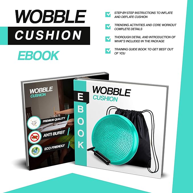 RFAQK Inflated Air Stability Wobble Cushion - Wiggle Seat to Improve Sitting Posture & Attention, Stability Balance Disc for Physical Therapy Exercise [Extra Thick, Pump, Bag, E-Book Included] (Green)