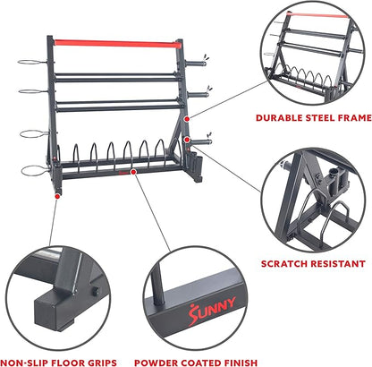 Sunny Health & Fitness Multi-Weight Storage Rack Stand for Dumbbells, Kettlebells, Olympic Weight Plates, Barbell, Medicine Ball