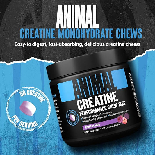 Animal Creatine Chews Tablets - Enhanced Creatine Monohydrate with AstraGin to Improve Absorption, Sea Salt for Added Pumps, Delicious and Convenient Chewable Tablets - Grape
