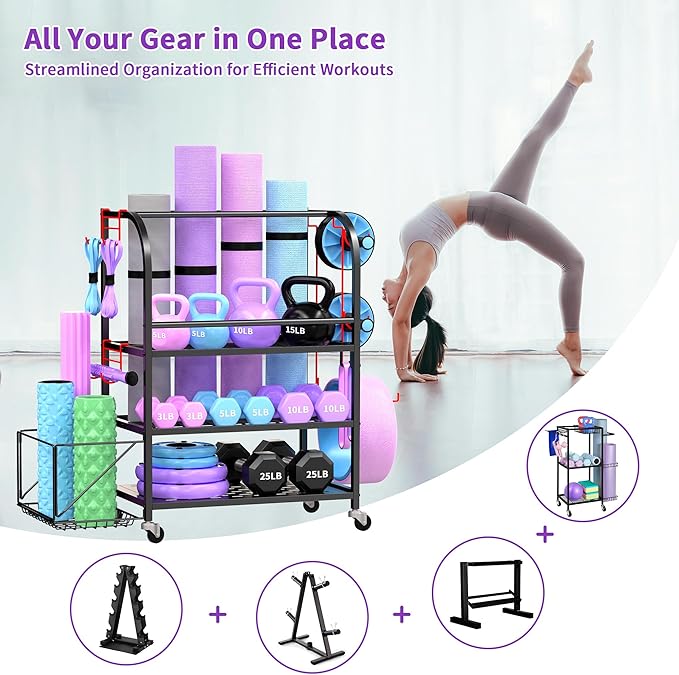 Dumbbell Rack, Weight Rack for Home Gym, 400LBS Metal Home Gym Storage with Lockable Wheels & 4 Adjustable Hooks, Weight Stand for Yoga Mat Storage, Dumbbells, Kettlebell, Foam Roller, Resistance Bands (Black)