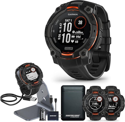 Garmin Instinct 3 Advanced GPS Adventure Watch, Black with Charcoal Band | 50mm Solar Charged Display | Wrist Based Heart Rate Monitor with Signature Stand Power Bundle