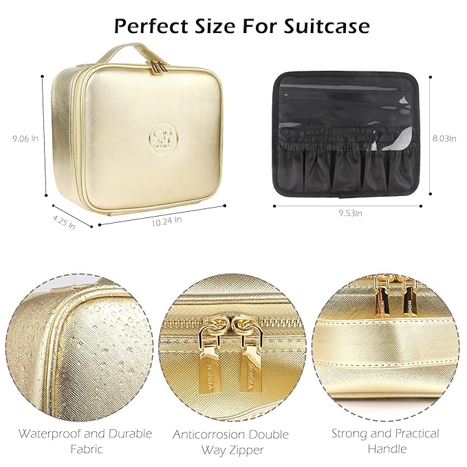 MOMIRA Makeup Bag with Mirror and Light Travel Makeup Train Case Cosmetic Bag Organizer Portable Artist Storage Bag with Adjustable Dividers Makeup Brushes Storage Organizer Golden