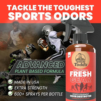 Uncle Todd's Fresh Gear Sports Equipment Odor Eliminator Spray - Extra Strength Enzyme-Powered Deodorizer for Football, Hockey, Gym Bags, and Athletic Gear - Bamboo Blitz Scent - 16 oz