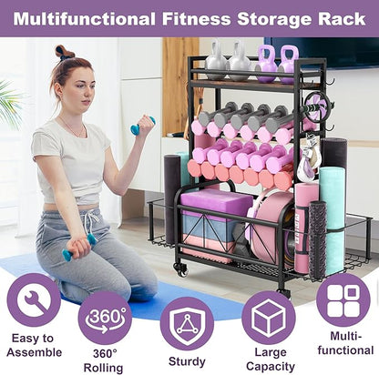 Dumbbell Rack, Home Gym Storage, Gym Storage Rack with Hooks and Wheels,Gym Equipment Storage,Weight Rack for Dumbbells for Organizing Yoga Mats, Kettlebells,Dumbbells, Foam Rollers and ball