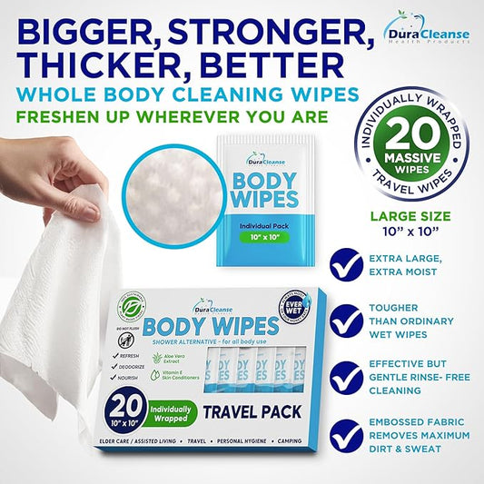 Body Wipes for Adults Bathing No Rinse - 20 Count Travel Shower Wipes - 9" x 12" Individually Wrapped Thick Cleansing Waterless Wash Scrubs - Disposable Washcloths for Camping & Elderly Incontinence