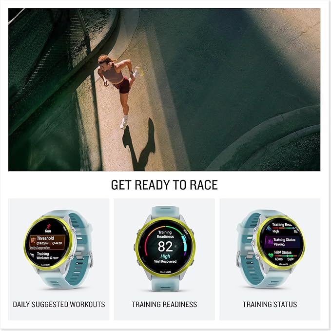 Garmin Forerunner 570 Running Smartwatch, 47MM WiFi, GPS Fitness Watch for Men and Women, Amp Yellow Aluminum with Translucent Whitestone/Turquoise Band + Access 600 Fitness Monitor, XS-S + More