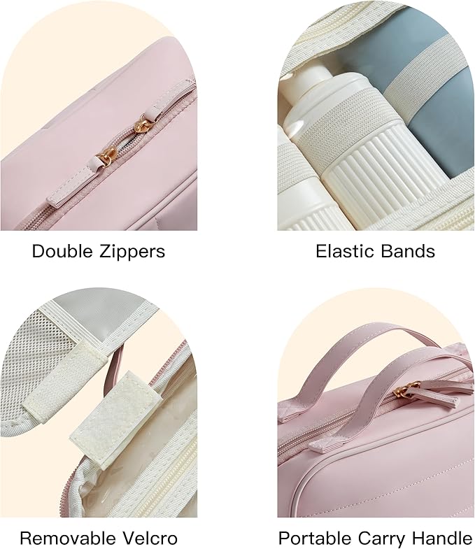 Toiletry Bag, Travel Bag for Women & Men, Portable Cosmetic Bag with Hanging Hook, Durable, Waterproof for Shampoo, Makeup, Essentials, Toiletries Acessories (Pink)