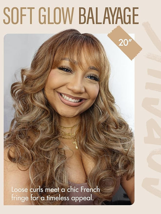 GORGIUS Glueless Wavy Wig with Bangs Balayage Blonde Synthetic Curtain Bang Wig with Realistic Scalp 22 Inch